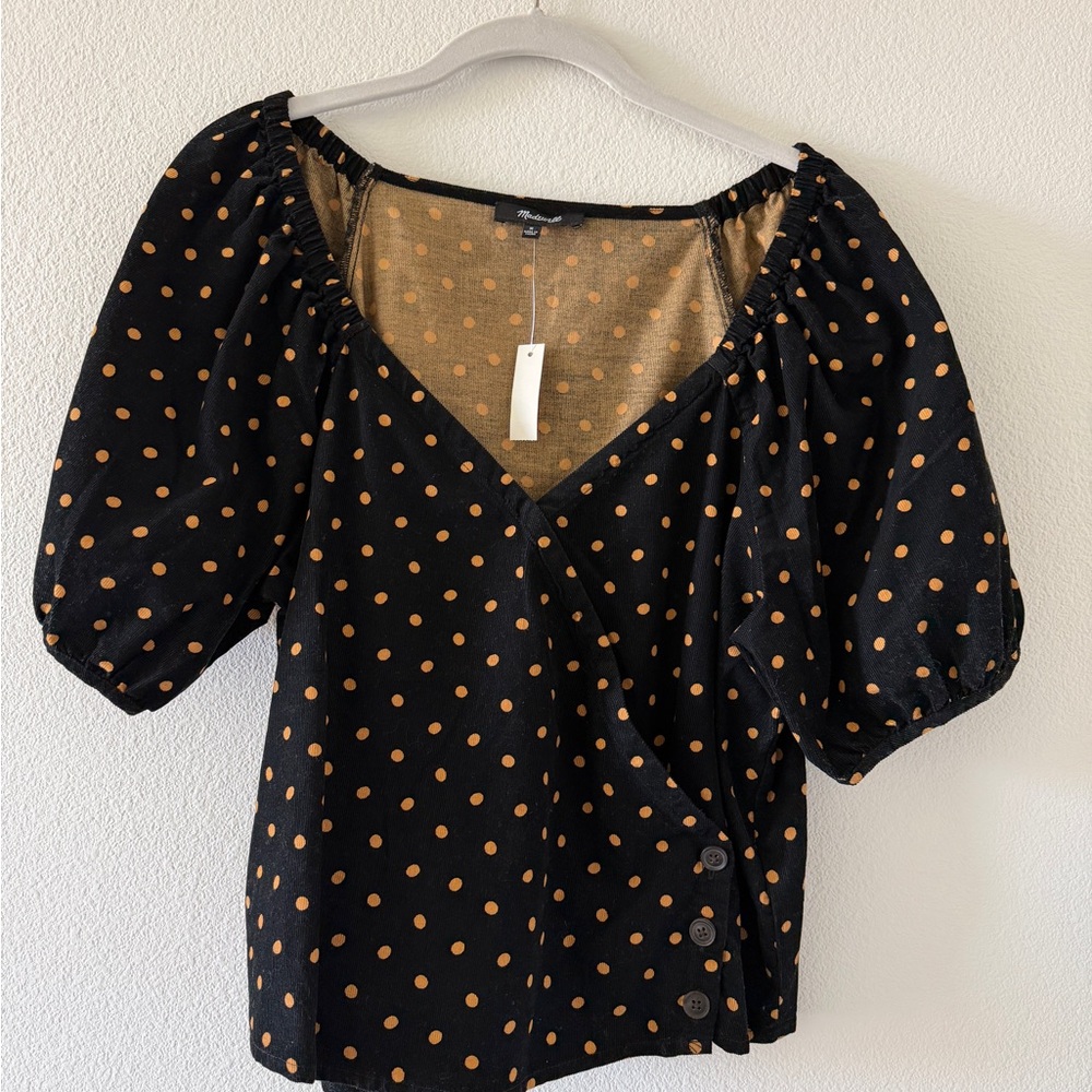 NWT Madewell Corduroy Puff-Sleeve Wrap Top in polkaDot size M